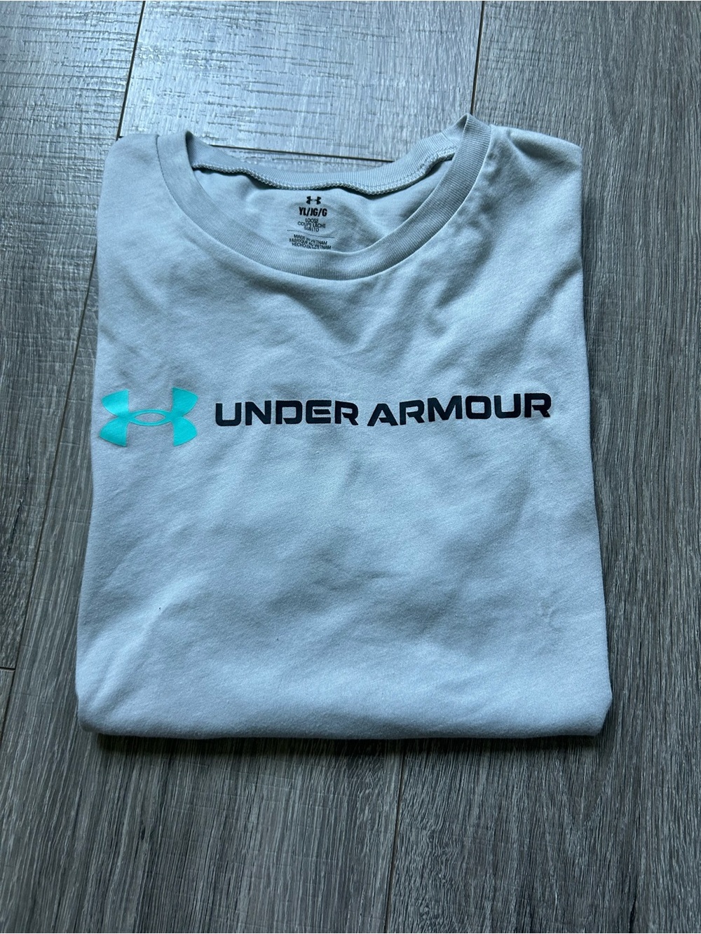 Kids Under Armour White Crew Neck Tee with Teal Logo